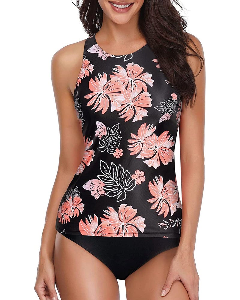 Holipick Women Black Flower Tankini Swimsuits High Neck Swim Tank Tops Tummy Control Two Piece Bathing Suits Halter Swimwear S - Image 1